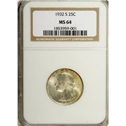 1932-S 25C MS64 NGC. Softly lustrous with golden-tan t 