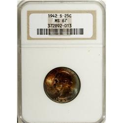 1942-S 25C MS67 NGC. Highly lustrous and sharply struc 