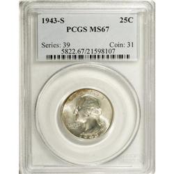 1943-S 25C MS67 PCGS. Mottled sea-green and purple ton 