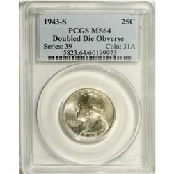 1943-S 25C Doubled Die Obverse MS64 PCGS. FS-017. Bold 