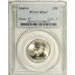 1945-S 25C MS67 PCGS. Practically untoned save for a s 