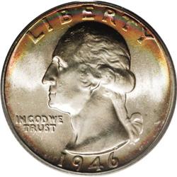 1946 25C MS67 PCGS. A colorful rainbow of toning cling 