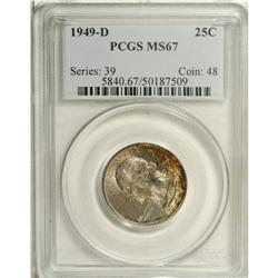 1949-D 25C MS67 PCGS. Each side has dappled purple-pin 