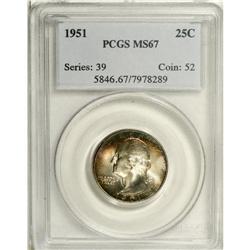 1951 25C MS67 PCGS. Shades of plum and crimson grace t 