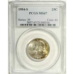 1954-S 25C MS67 PCGS. Highly lustrous with a significa 
