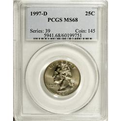 1997-D 25C MS68 PCGS. A highly lustrous and exceptiona 