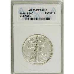 1919-S 50C --Cleaned--ANACS. AU53 Details. This ice-blu 