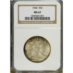 1944 50C MS67 NGC. Peripheral slivers of green, crimso 