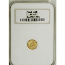 1849 G$1 Open Wreath MS62 NGC. Large Head, with L. Thi 