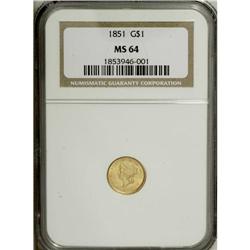 1851 G$1 MS64 NGC. Boldly struck with a lovely, lustro 