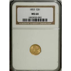 1853 G$1 MS64 NGC. Choice and satiny, this butter-yell 