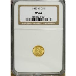1853-O G$1 MS62 NGC. Attractive brass-gold color grace 
