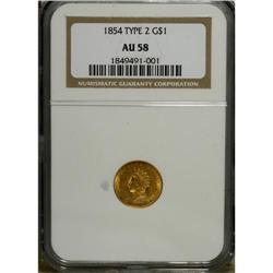 1854 G$1 Type Two AU58 NGC. Attractive yellow-gold pat 