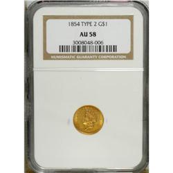 1854 G$1 Type Two AU58 NGC. A softly lustrous yellow-o 