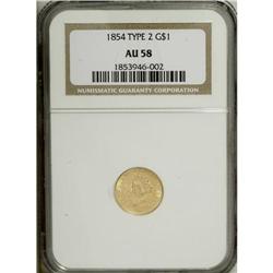 1854 G$1 Type Two AU58 NGC. The luster is only slightl 