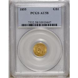 1855 G$1 AU58 PCGS. Minor friction keeps this pretty T 