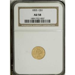 1855 G$1 AU58 NGC. A luminous Type Two dollar, yellow- 