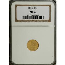 1855 G$1 AU58 NGC. A softly lustrous near-Mint example 
