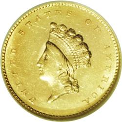 1855 G$1 MS62 NGC. A bright yellow-gold example of thi 