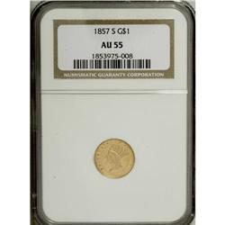 1857-S G$1 AU55 NGC. The 1857-S is scarcer than its 10 
