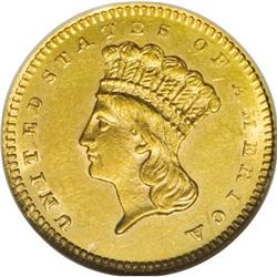 1860-S G$1 MS61 NGC. The 1860-S gold dollar, with a mi 