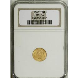 1861 G$1 MS64 NGC. Bright apricot-gold luster is imbue 