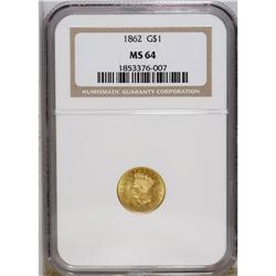 1862 G$1 MS64 NGC. This highly lustrous amber-gold rep 