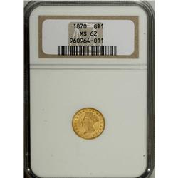 1870 G$1 MS62 NGC. Peach-gold lustrous surfaces displa 