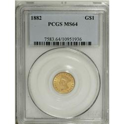 1882 G$1 MS64 PCGS. The peach-gold surfaces have a tou 