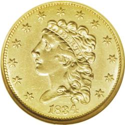 1834 $2 1/2 Classic AU58 NGC. Large Head, Breen-6140, 