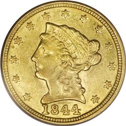 1844-C $2 1/2 AU58 PCGS. Variety 6-E. Greenish-gold fi 