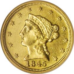 1845-D $2 1/2 AU58 NGC. Variety 6-I. Ample glowing lus 