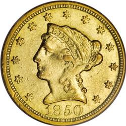 1850-C $2 1/2 AU55 PCGS. Variety 12-H. Glimpses of pro 