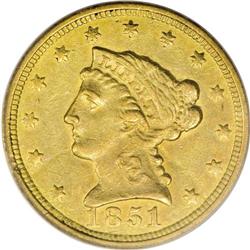 1851-C $2 1/2 AU53 PCGS. Variety 13-G. The green-gold 