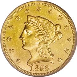 1858 $2 1/2 MS63 PCGS. A sharply struck piece with sat 