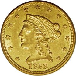 1858-C $2 1/2 MS62 PCGS. Variety 18-J. The only known 