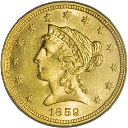 1859 $2 1/2 Old Reverse, Type One MS63 PCGS. Struck fr 