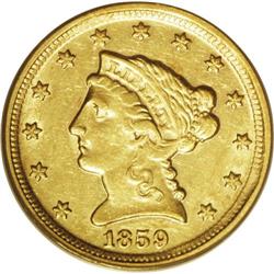 1859-D $2 1/2 AU55 PCGS. Variety 21-M. A pale gold pie 