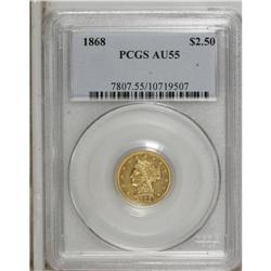 1868 $2 1/2 AU55 PCGS. Bright yellow-gold surfaces ret 