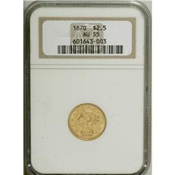 1870 $2 1/2 AU55 NGC. Bright yellow-gold surfaces reta 
