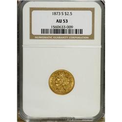 1873-S $2 1/2 AU53 NGC. Luster resides in the protecte 
