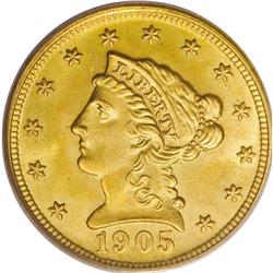 1905 $2 1/2 MS67 PCGS. The beautiful apricot-gold surf 