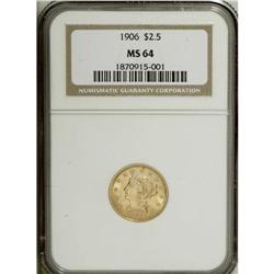 1906 $2 1/2 MS64 NGC. Peach-gold surfaces display trac 