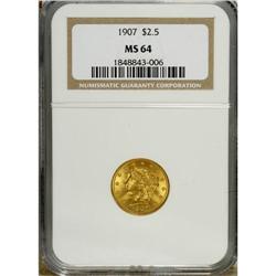1907 $2 1/2 MS64 NGC. Fully lustrous surfaces exhibit 