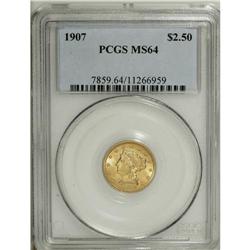 1907 $2 1/2 MS64 PCGS. This yellow-gold piece is solid 