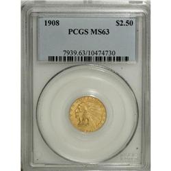 1908 $2 1/2 MS63 PCGS. A solidly struck and satiny Sel 
