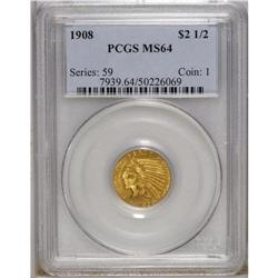 1908 $2 1/2 MS64 PCGS. Choice with lustrous yellow-gol 