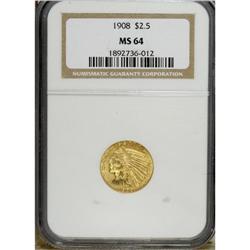 1908 $2 1/2 MS64 NGC. A solidly struck and appealing n 