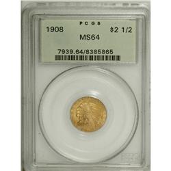 1908 $2 1/2 MS64 PCGS. The rich yellow-gold surfaces h 