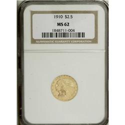 1910 $2 1/2 MS62 NGC. The yellow-gold surfaces possess 